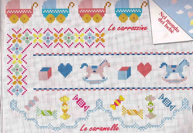 Cross stitch borders with baby carriages and rocking horses