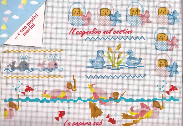 Cross stitch borders with dog puppies in the basket
