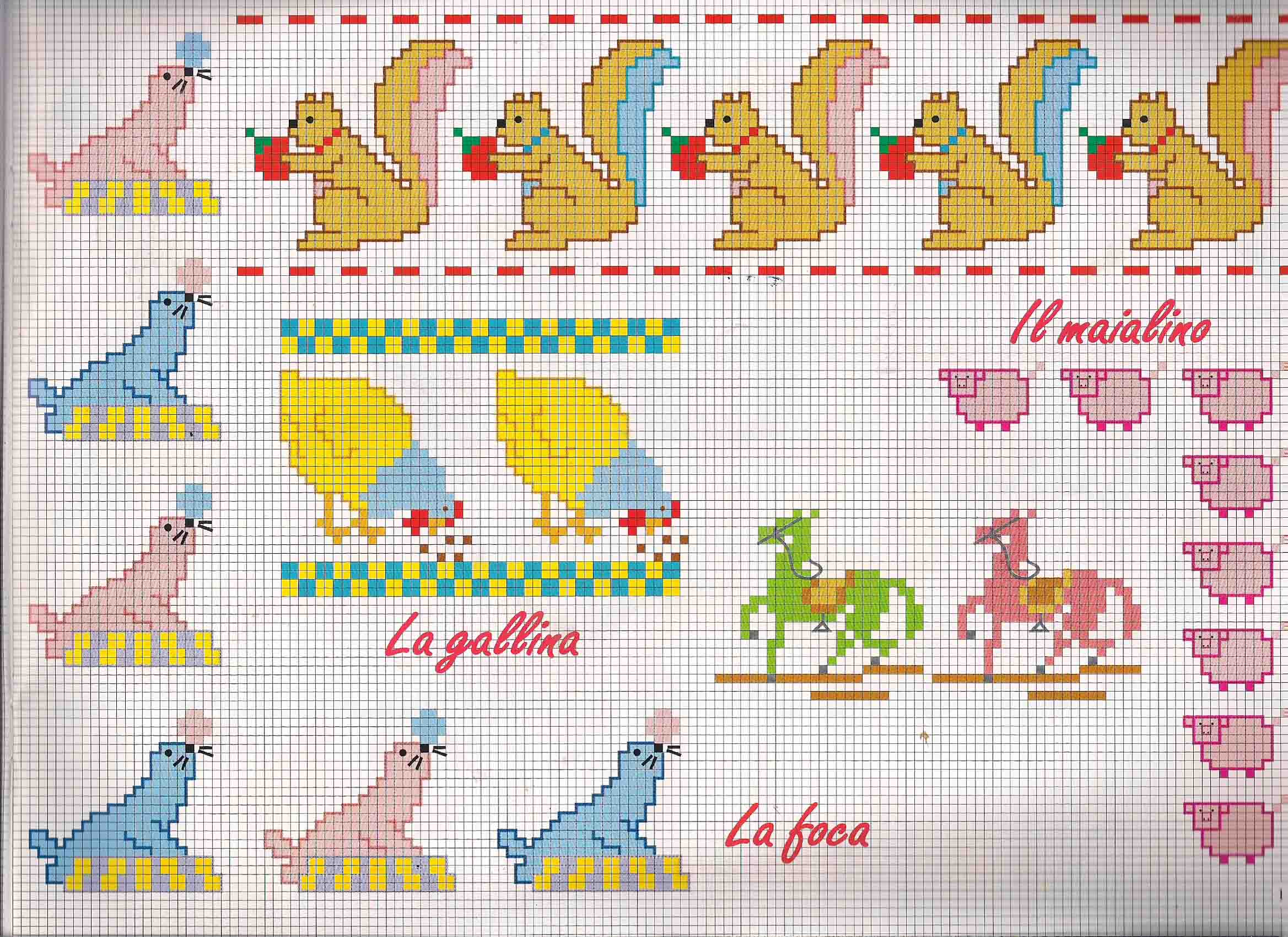 Cross stitch borders with squirrels and seals