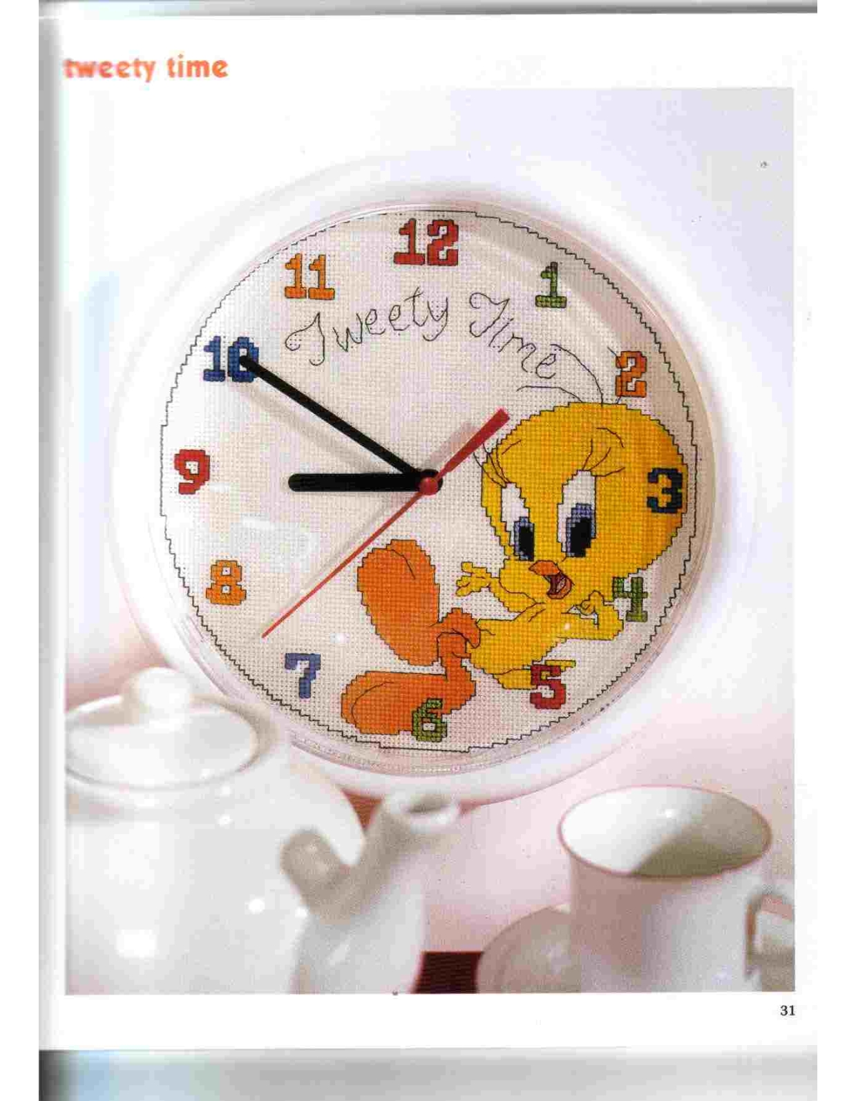 Cross stitch clock with Tweety from Looney Tunes (1)