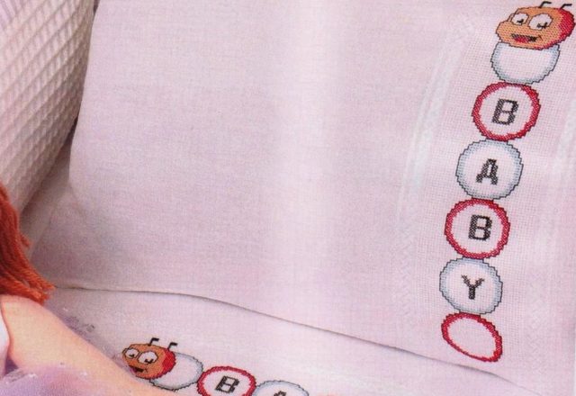 Cross stitch cot sheets with caterpillar and mushrooms (1)