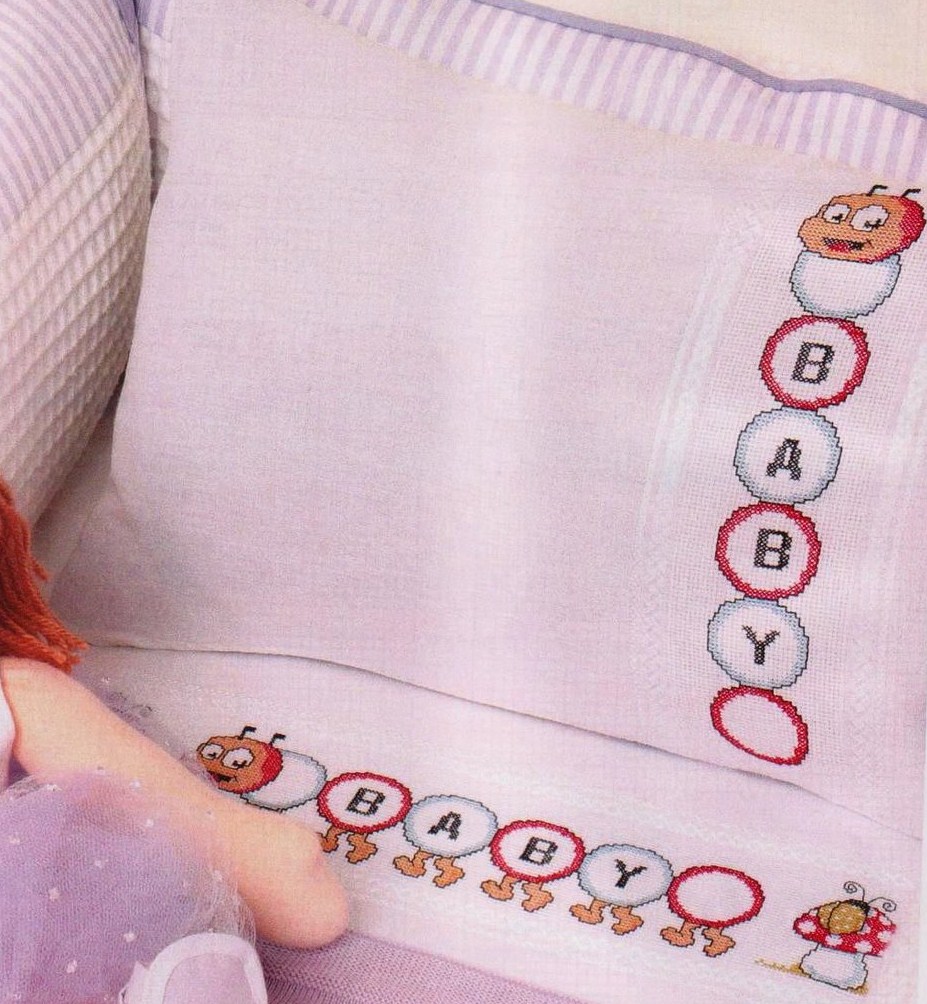Cross stitch cot sheets with caterpillar and mushrooms (1)