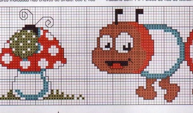Cross stitch cot sheets with caterpillar and mushrooms (2)