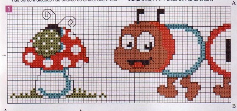 Cross stitch cot sheets with caterpillar and mushrooms (2)