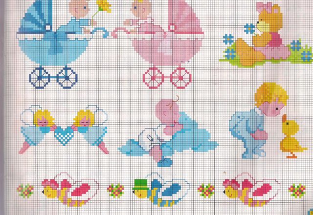Cross stitch cots and babies with diapers
