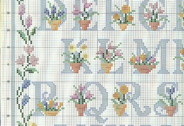 Cross stitch floral alphabet with uppercase light blue letters (1)