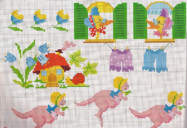 Cross stitch kangaroos jumping happy
