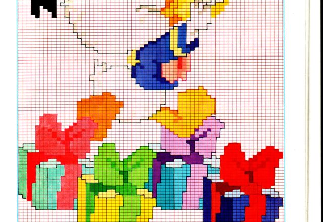 Cross stitch pattern baby Donald Duck plays the trumpet