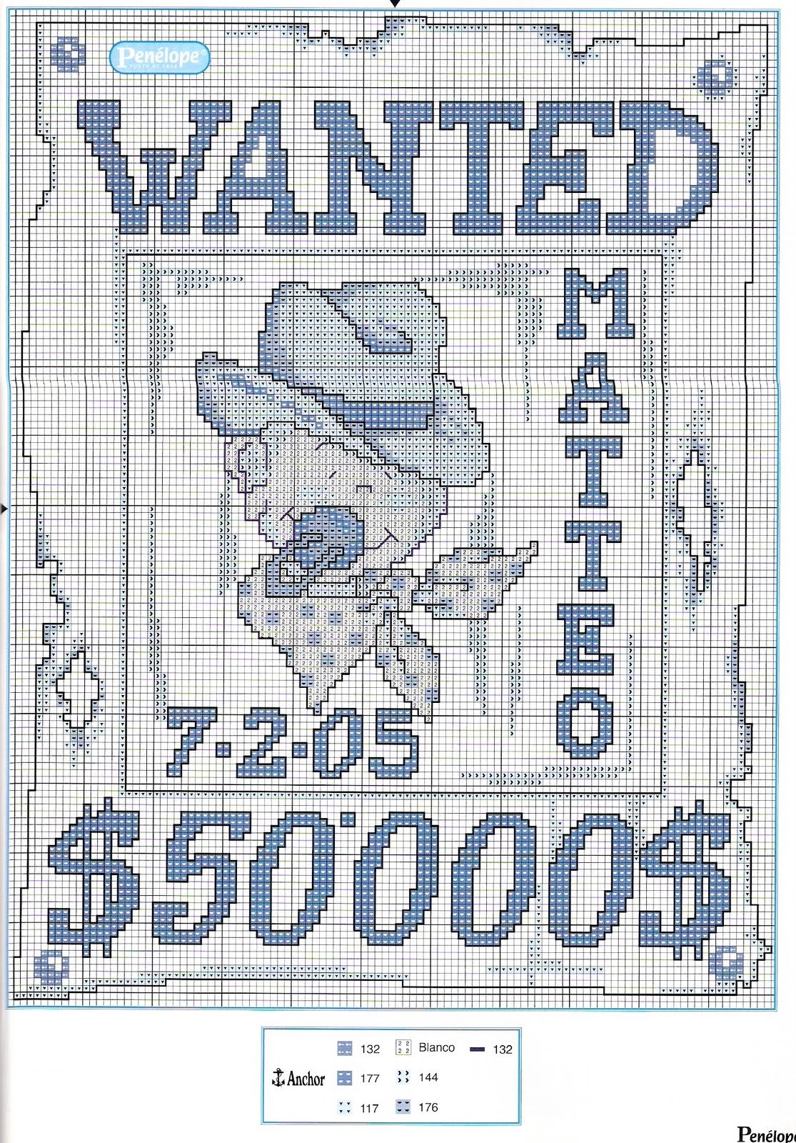 Cross stitch pattern with text wanted and baby name