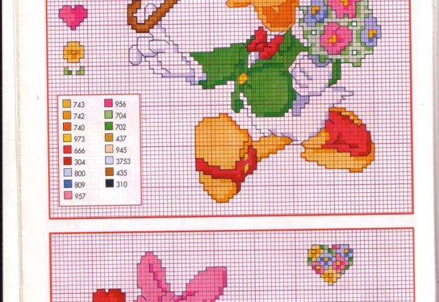 Cross stitch patterns Gladstone Gander with a bunch of flowers and Minnie Mouse face