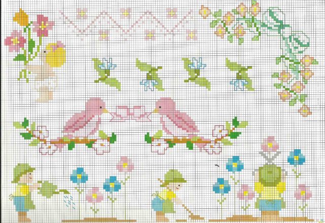 Cross stitch patterns for baby blankets with birds and gardening