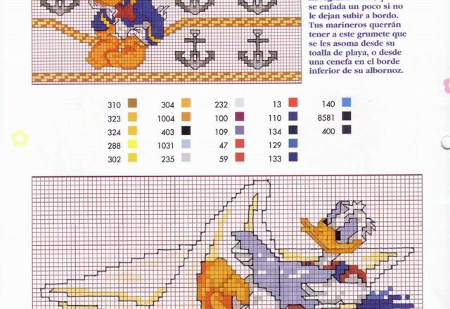 Cross stitch patterns of Uncle Donald Duck reading a book