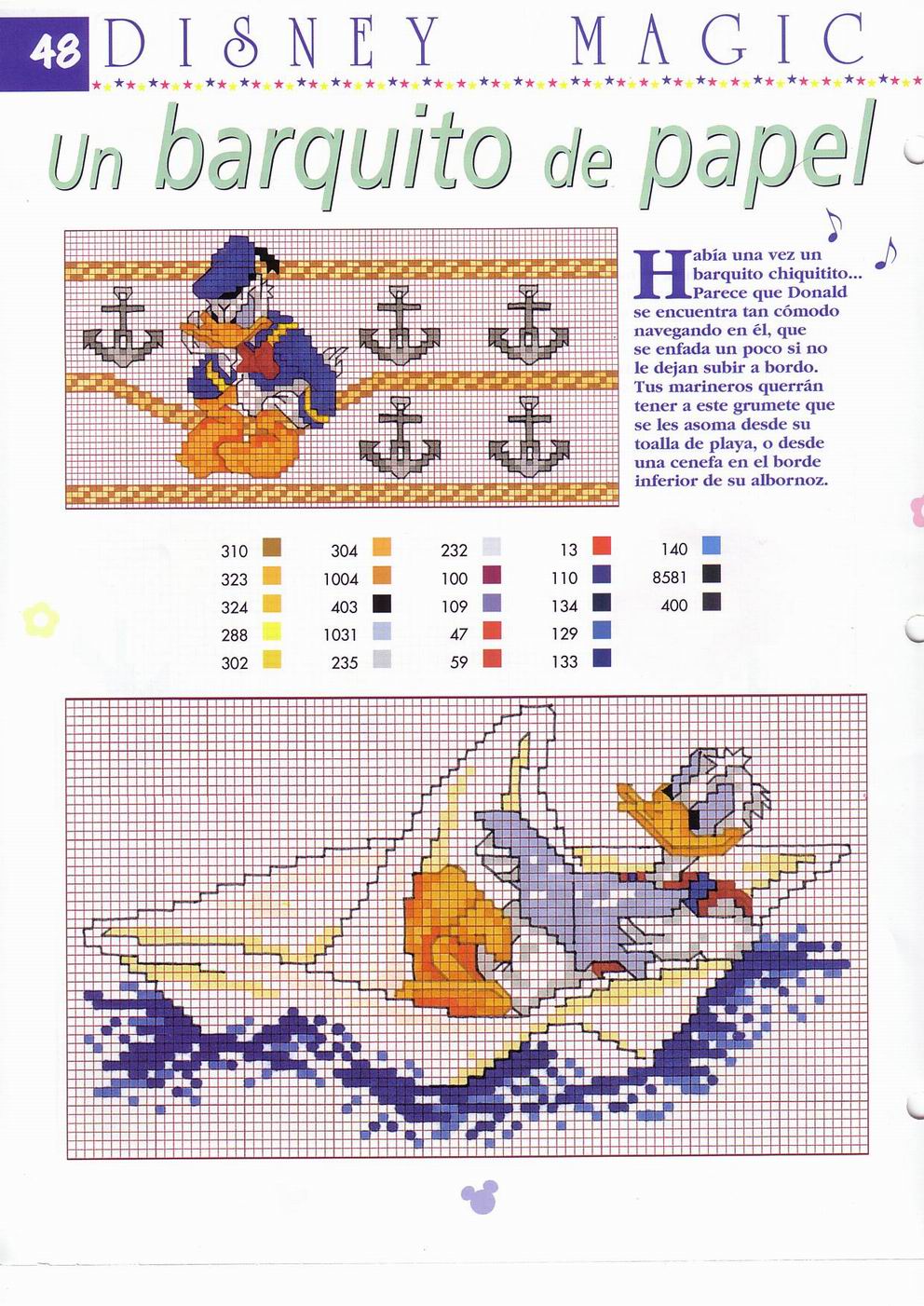Cross stitch patterns of Uncle Donald Duck reading a book