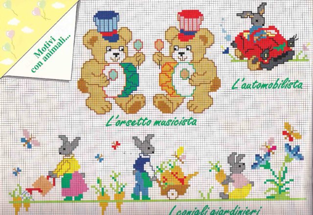 Cross stitch patterns with bunnies and teddy bears
