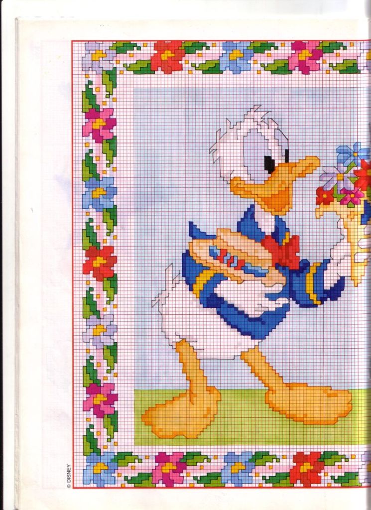 Cross stitch picture Donald Duck offer a bunch of flowers (1)