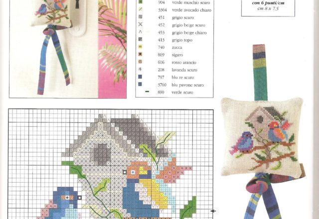 Cross stitch pillow with a birds nest