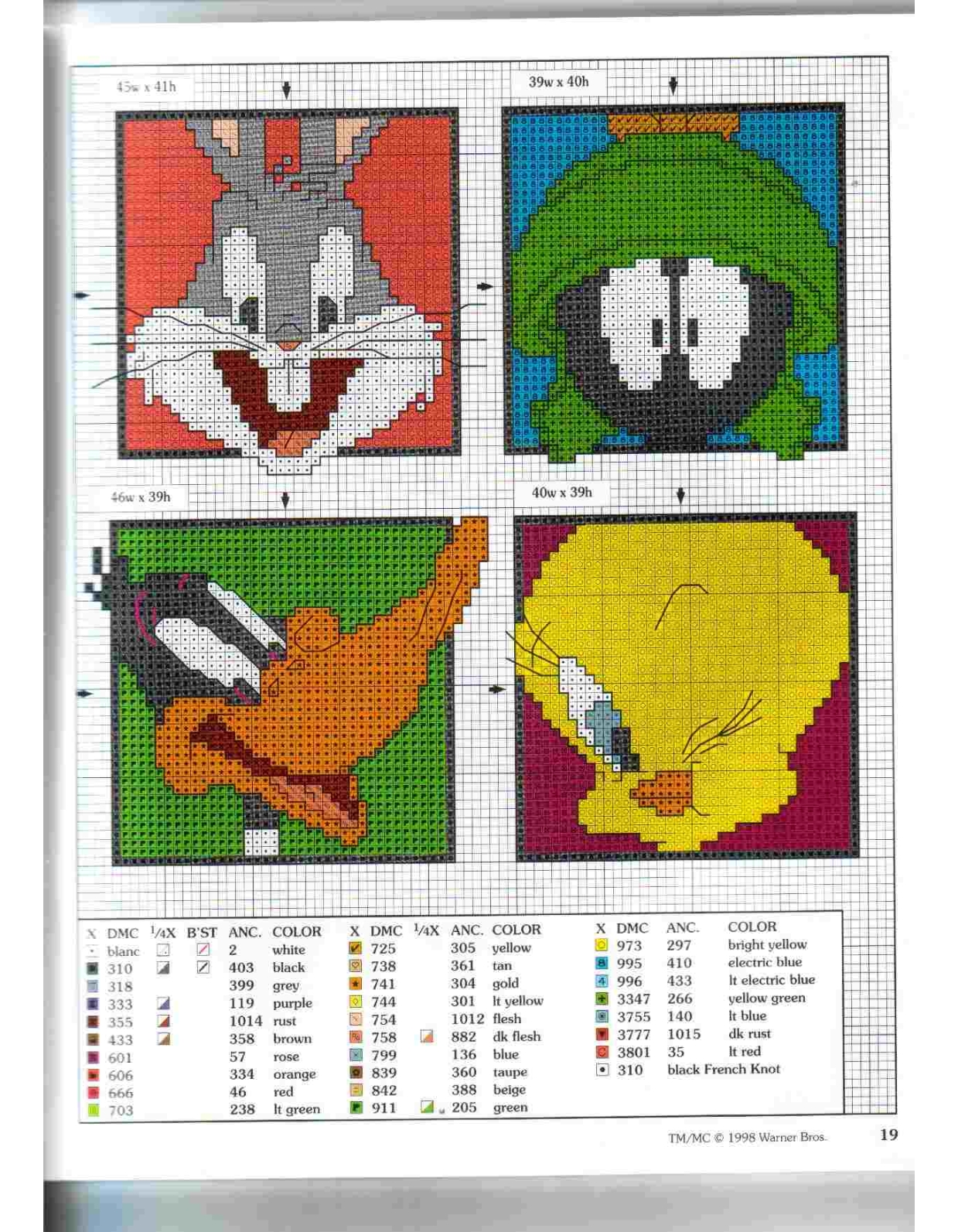 Cross stitch squares with Bugs Bunny Marvin The Matian Daffy Duck and Tweety (1)