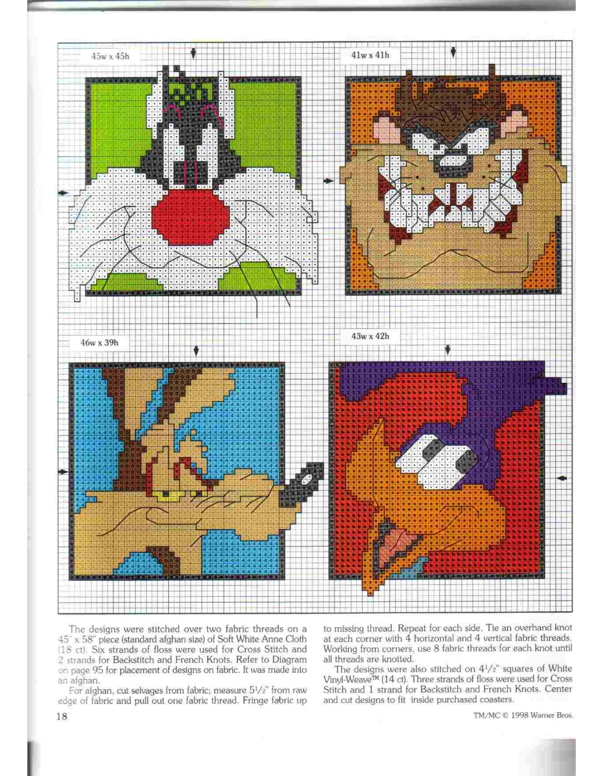 Cross stitch squares with Sylvester the cat Taz Wile Coyote and Road Runner