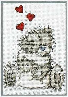 Cross stitch teddy bear with pillow and small hearts (1)