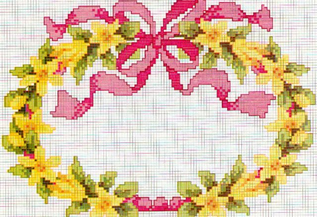 Crown of yellow bells with pink bow cross stitch pattern