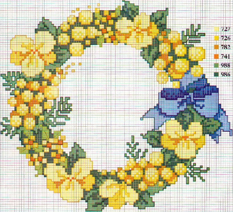 Crown of yellow flowers and blue bow cross stitch pattern