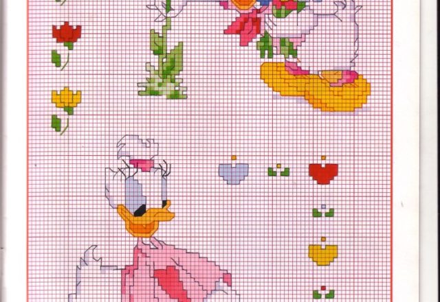 Daisy Duck picking flowers and wear a pink t-shirt
