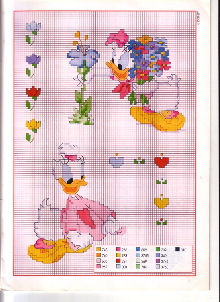 Daisy Duck picking flowers and wear a pink t-shirt