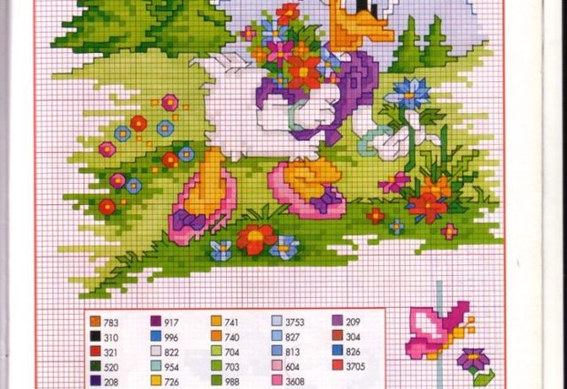 Daisy Duck picking flowers in the woods cross stitch pattern
