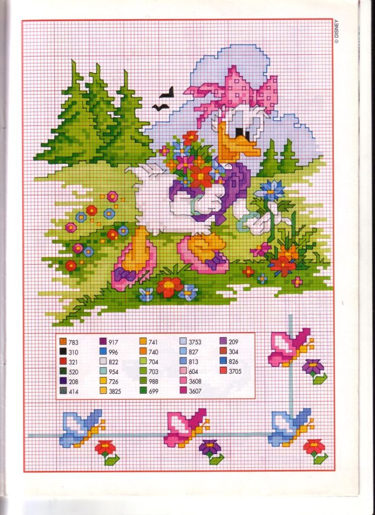 Daisy Duck picking flowers in the woods cross stitch pattern