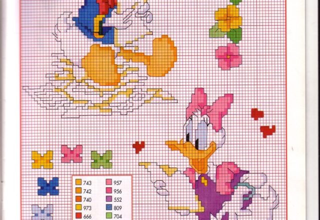 Donald Duck and Daisy Duck send each other love letters cross stitch pattern