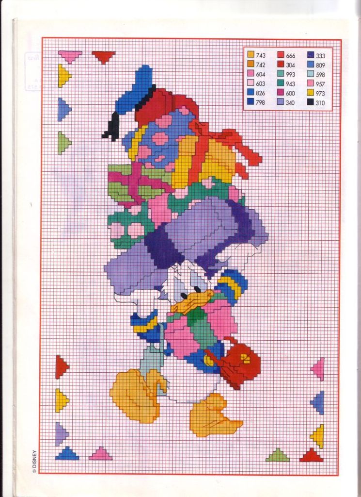 Donald Duck cross stitch with a pile of luggage