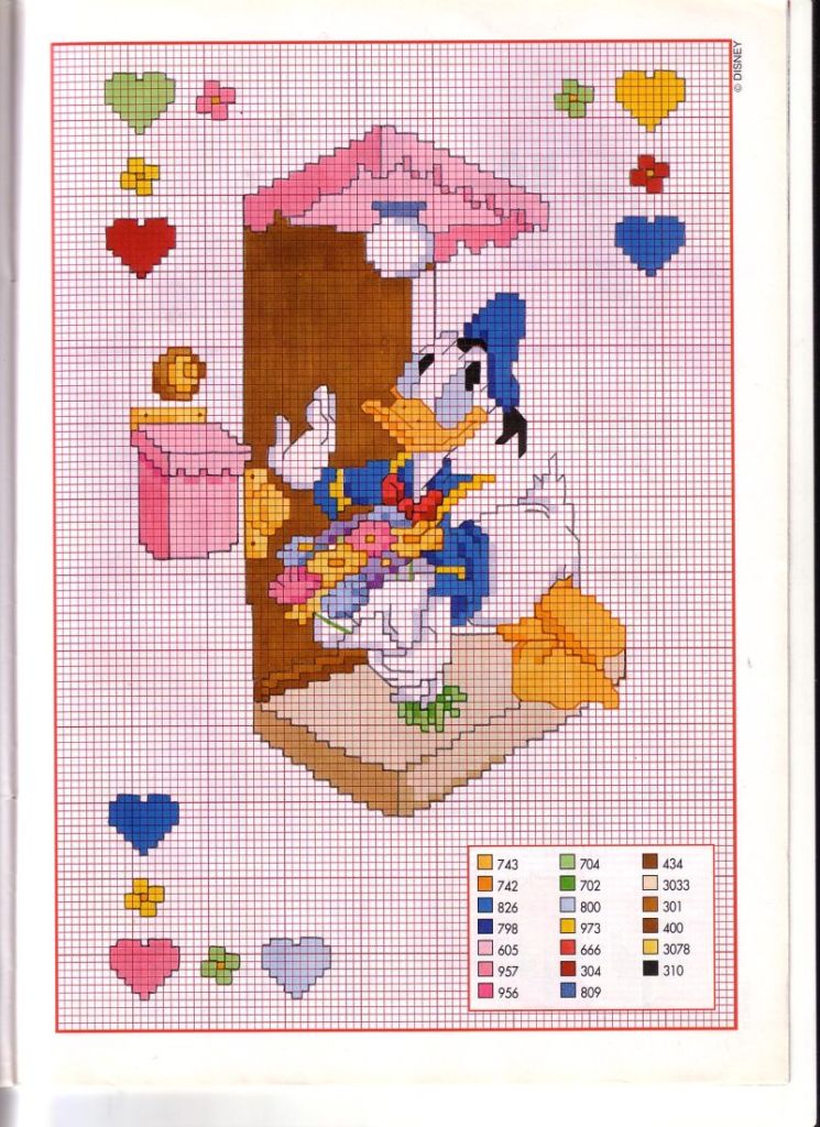 Donald Duck rings the Daisy Duck doorbell cross stitch pattern