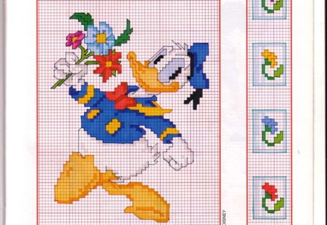 Donald Duck walks with a bunch of flowers happy