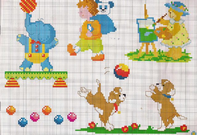 Elephants and teddy bears playing baby cross stitch patterns