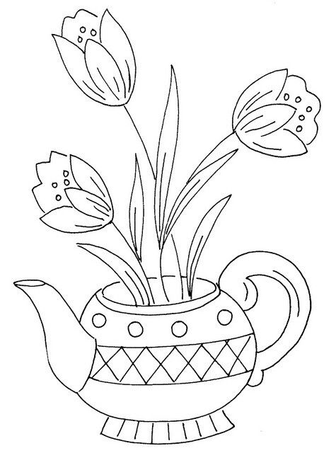 Embroider design free teapot with tulips