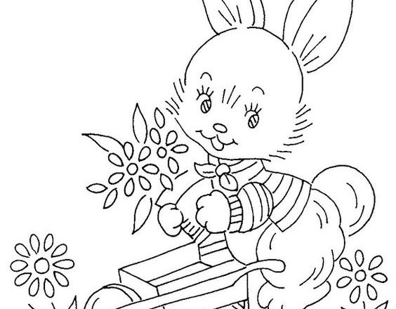 Embroidery hand design bunny with wheelbarror