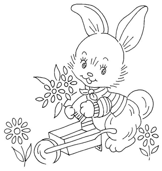 Embroidery hand design bunny with wheelbarror