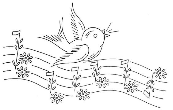 Embroidery pattern bird on musical notes