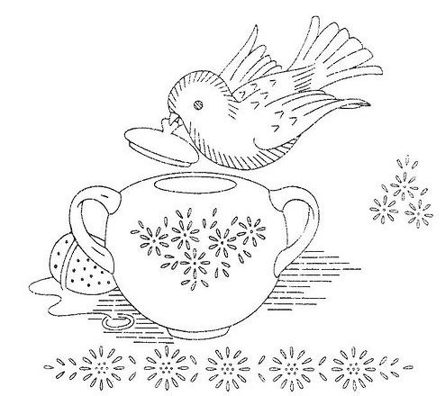 Embroidery pattern bird with teapot