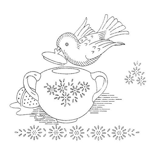 Embroidery pattern bird with teapot