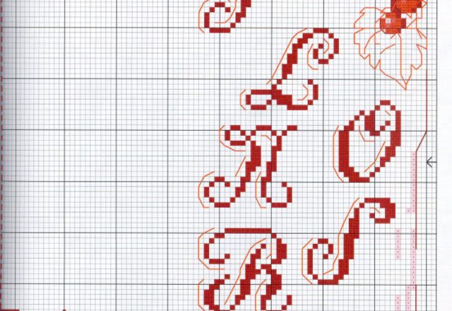 Fine cross stitch alphabet with red letters and wine grapes (2)