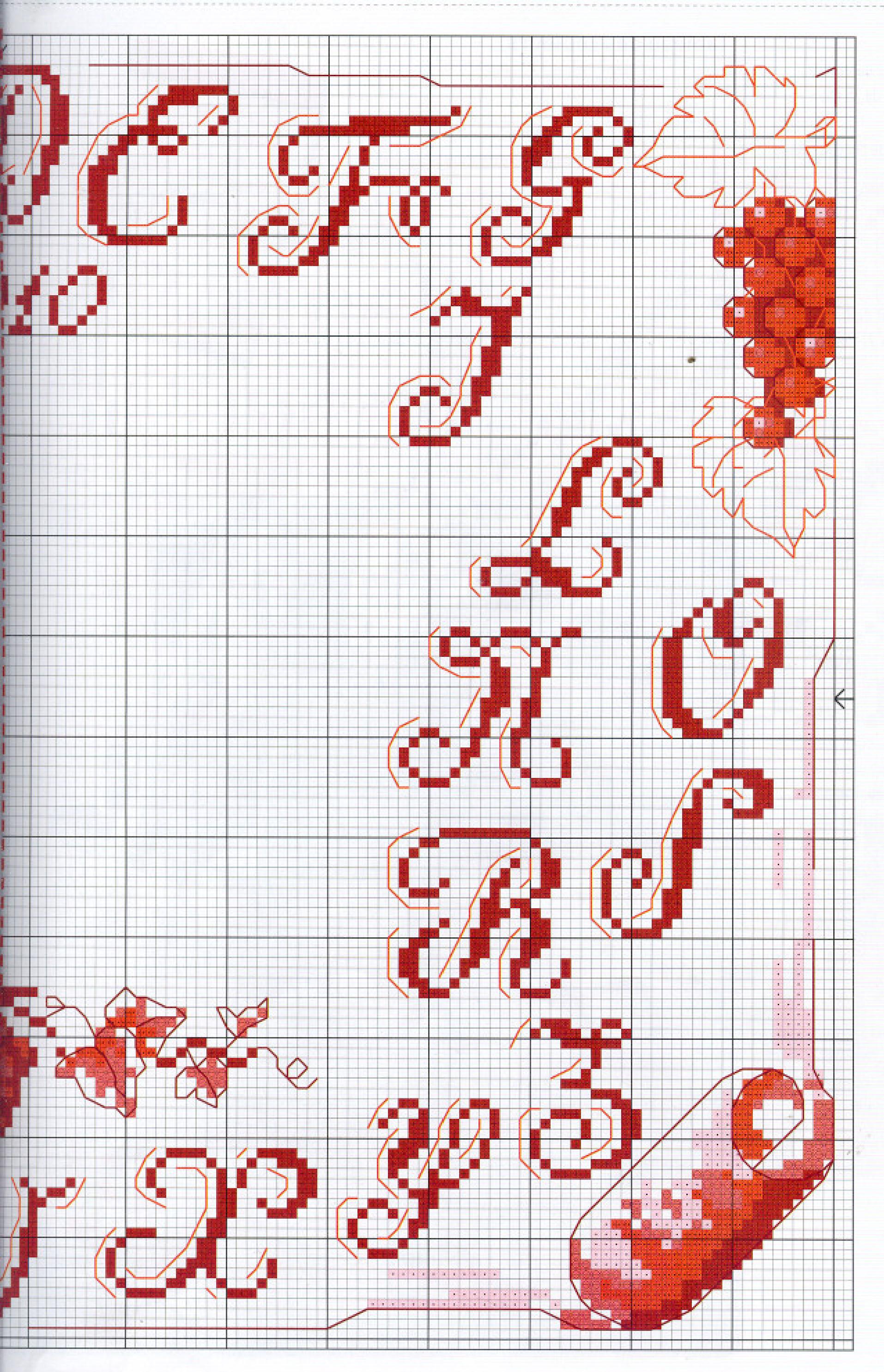 Fine cross stitch alphabet with red letters and wine grapes (2)
