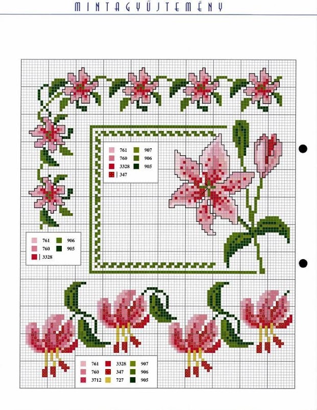 Flowers pink lilies cross stitch pattern