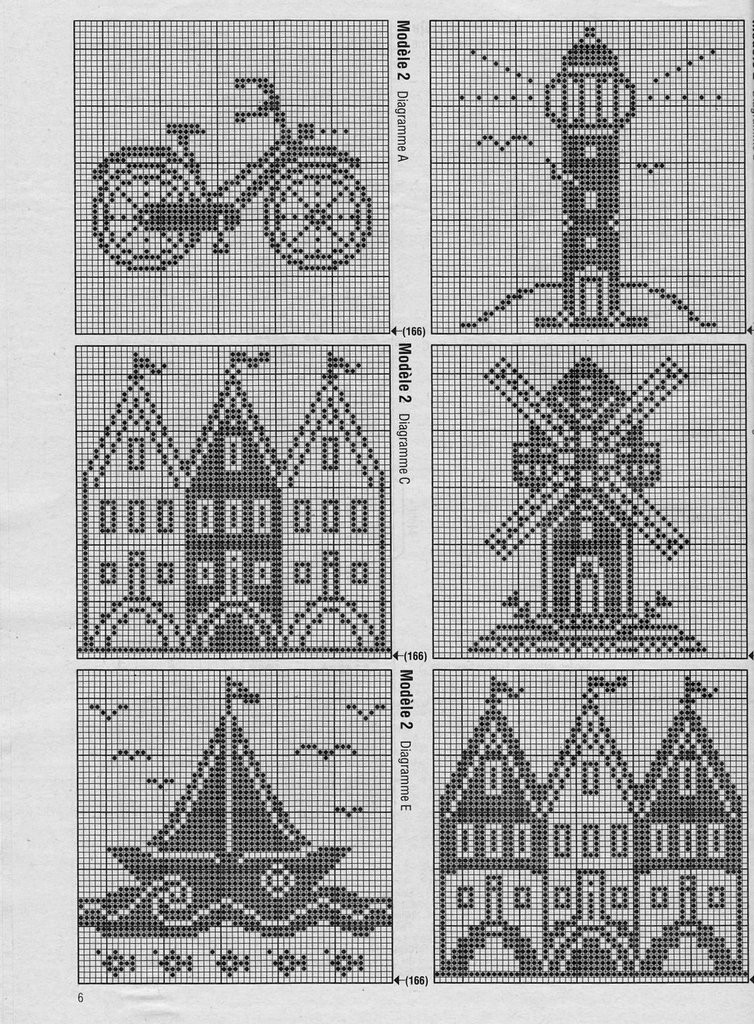 Free crochet filet pattern bicycle lighthouse and homes