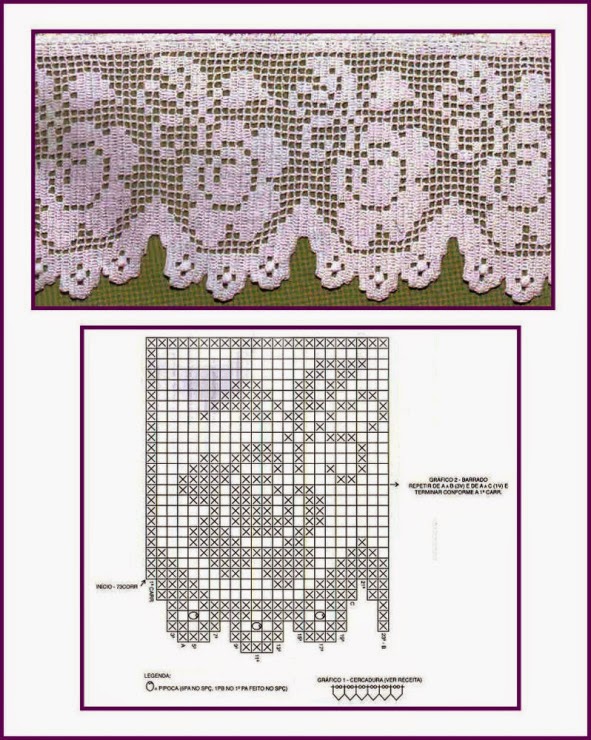 Free crochet filet pattern design border with roses and leaves