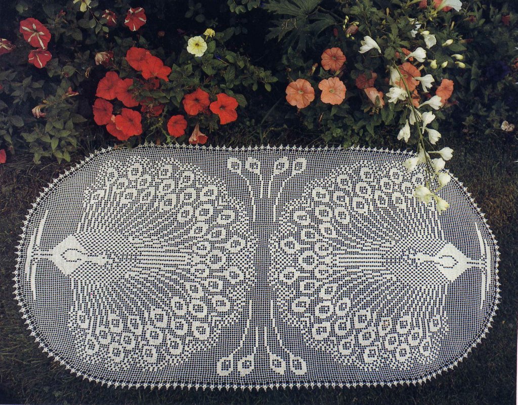 Free pattern filet oval doily with peacock (1)