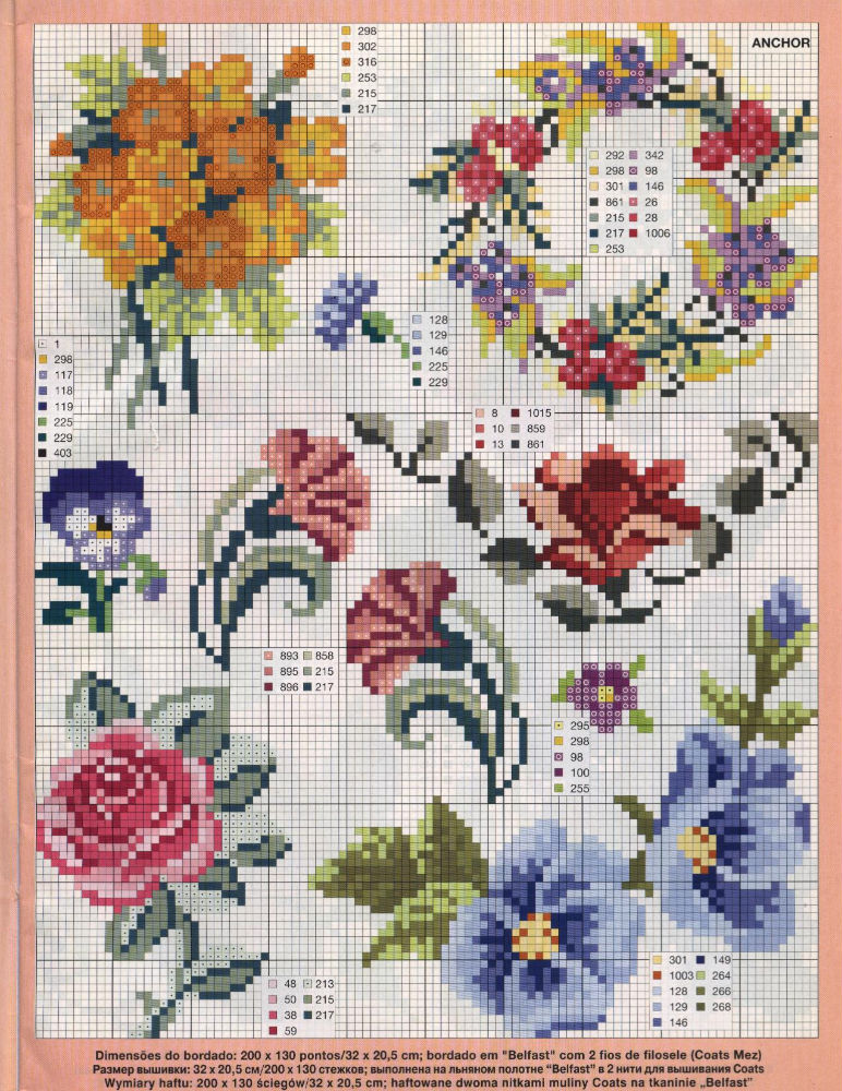 Garland with different types of flowers cross stitch pattern