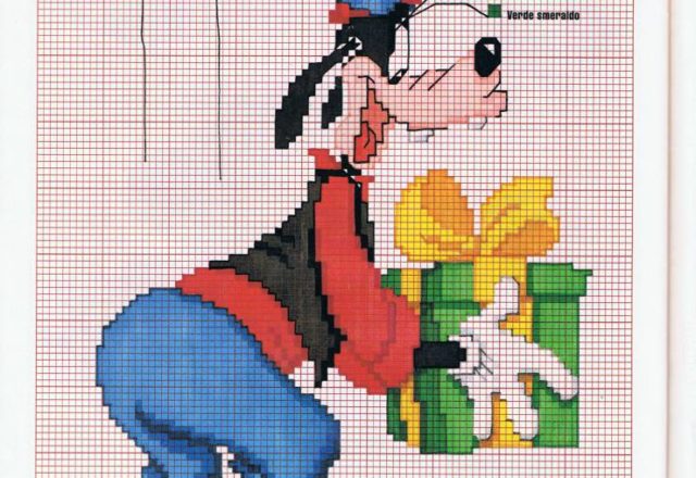 Goofy opens a birthday gift cross stitch pattern