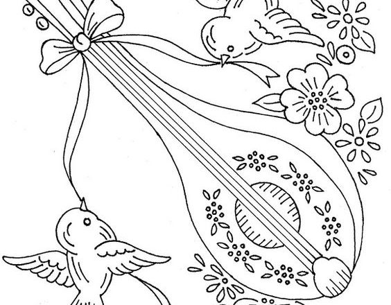 Hand embroidery design birds and mandolin