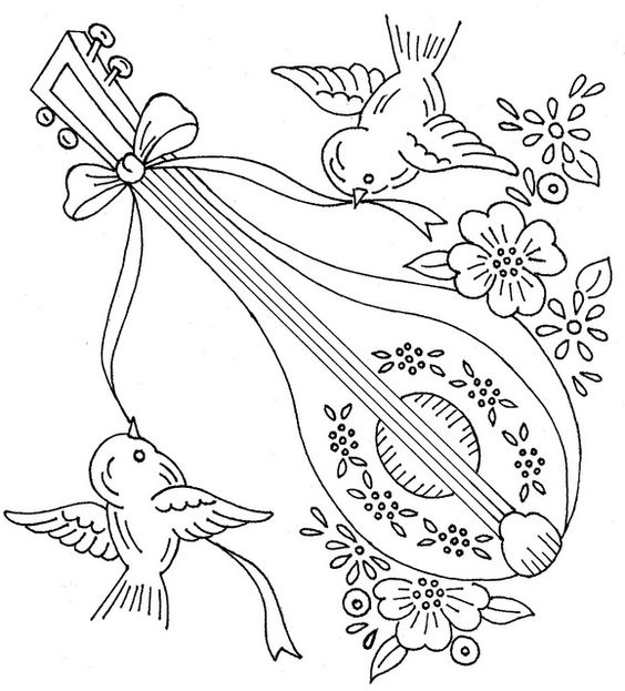 Hand embroidery design birds and mandolin